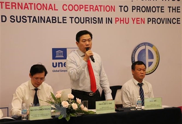 Chủ tịch UBND tỉnh Phú Yên Trần Hữu Thế phát biểu tại Hội nghị hợp tác quốc tế phát huy giá trị di sản Công viên địa chất toàn cầu và du lịch bền vững tỉnh Phú Yên
