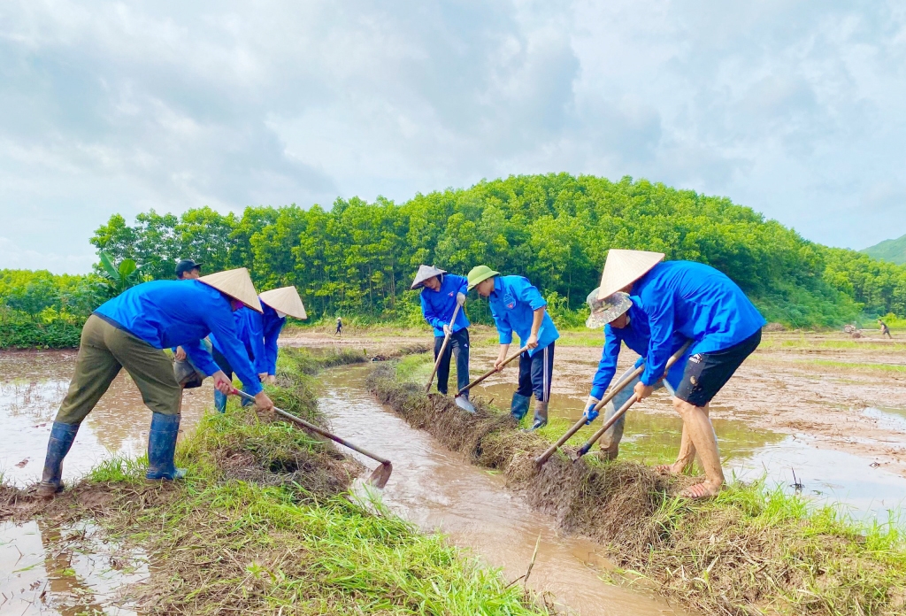 Trong ngày cao điểm tình nguyện chung tay xây dựng nông thôn mới, Thanh niên Tiên Yên ra quân khơi thông mương máng