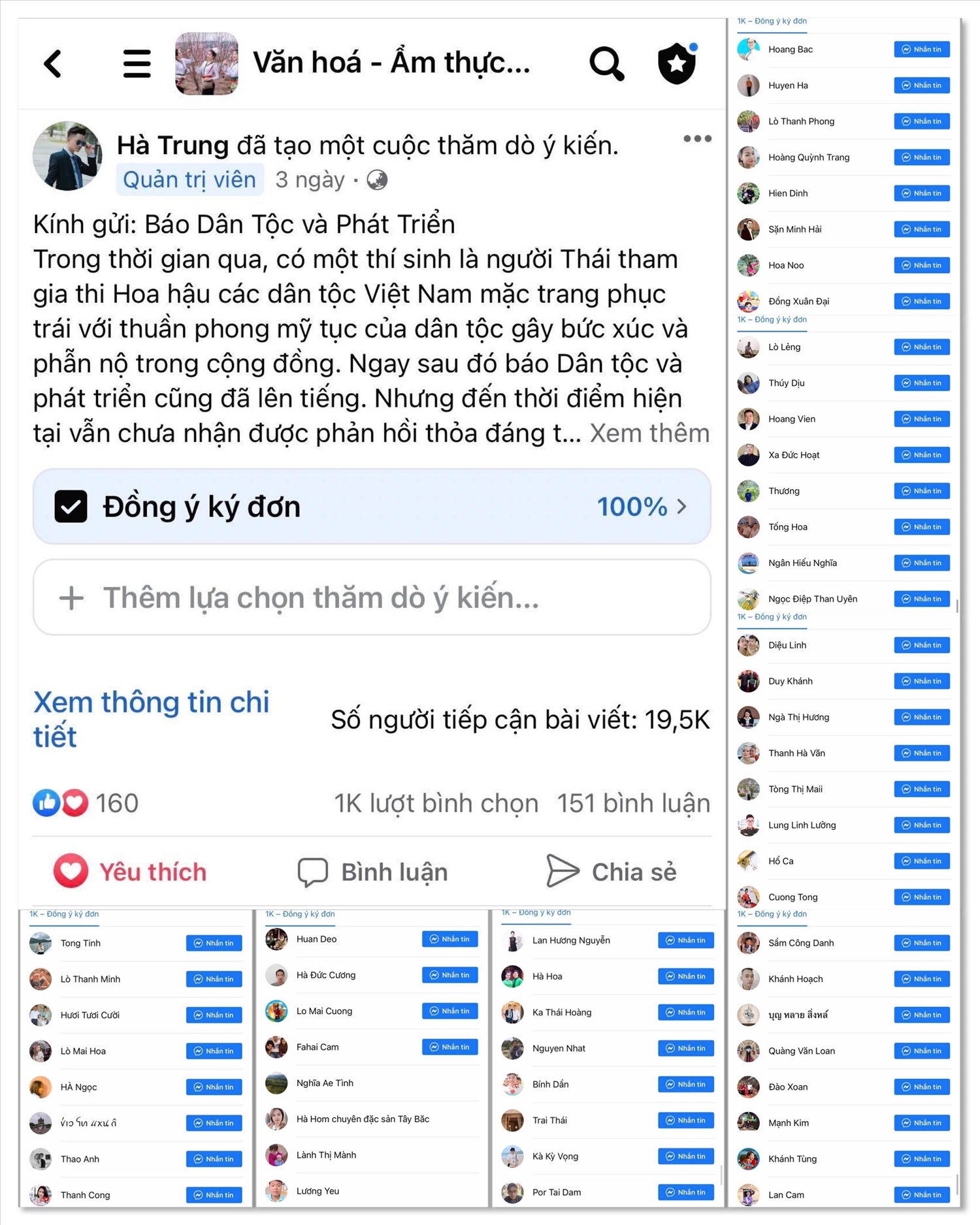 Hàng ngàn người kí đơn trên mạng xã hội Facebook kiến nghị Báo Dân tộc và Phát triển tiếp tục lên tiếng về Cuộc thi Hoa hậu các dân tộc Việt Nam xúc phạm bản sắc văn hóa dân tộc 