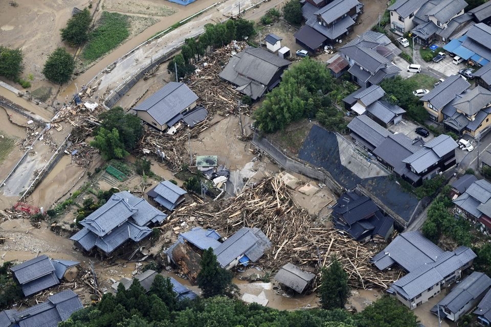 Những ngôi nhà bị phá hủy do trận lũ quét do mưa lớn gây ra ở Murakami, tỉnh Niigata, Nhật Bản vào ngày 4/8