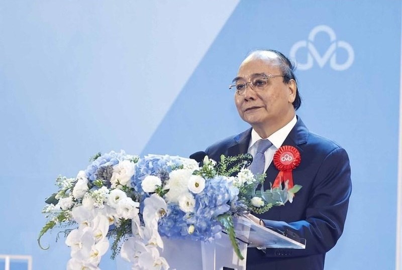 Chủ tịch nước Nguyễn Xuân Phúc phát biểu tại lễ khai trương Trung tâm dữ liệu CMC Tân Thuận. (Ảnh: Thống Nhất/TTXVN).