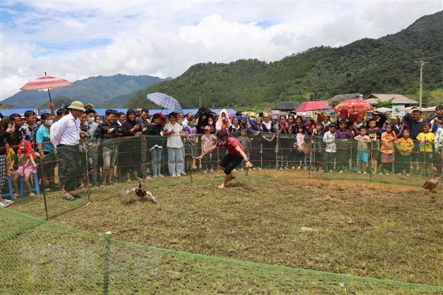 Trò chơi bịt mắt bắt vịt tại Lễ hội mừng cơm mới ở xã Ngọc Chiến, huyện Mường La, tỉnh Sơn La. (Ảnh: TTXVN)
