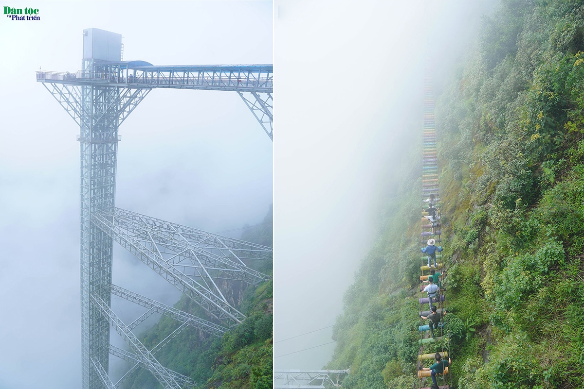 Ngoài đi cầu kính, du khách có thể trải nghiệm các hoạt động mạo hiểm khác như đi trên cầu ở độ cao 2.200 m, nhảy Bungee, leo núi, dù lượn trong khu du lịch. Khi trải nghiệm leo núi (ảnh phải), du khách có thể thấy được sự kì vĩ của cây cầu Rồng Mây (ảnh bên trái)