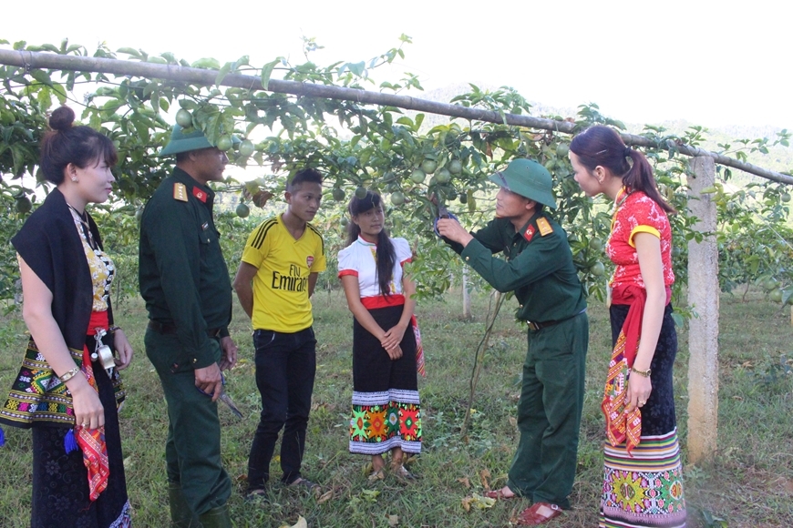 Nhân viên Đoàn Kinh tế-Quốc phòng 4 hướng dẫn bà con xã Nậm Giải chăm sóc cây chanh leo