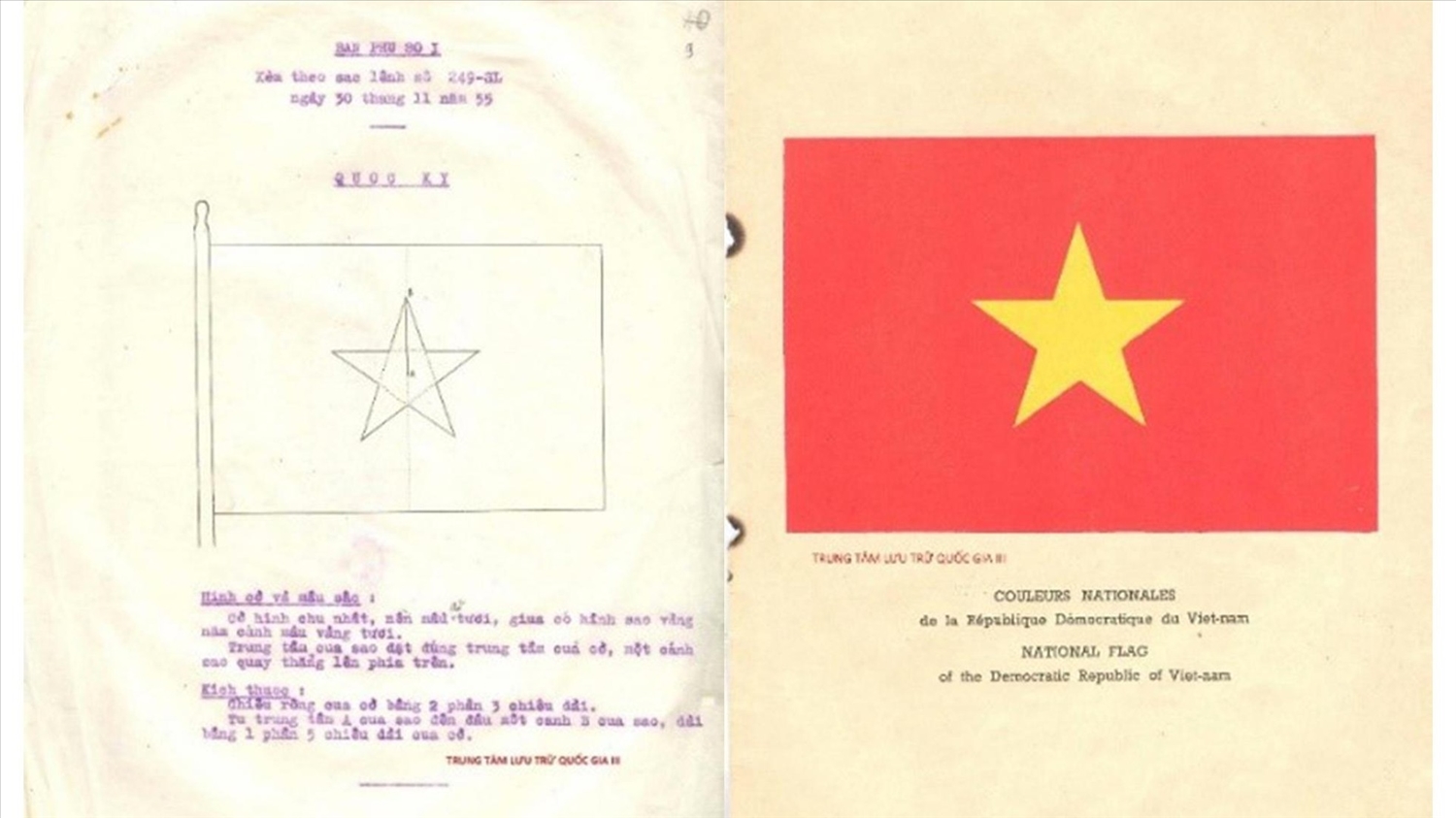 Phụ lục hình ảnh Quốc kỳ có chỉnh sửa về hình thức theo Sắc lệnh số 249-SL ngày 30/11/1955. (Nguồn: Trung tâm Lưu trữ quốc gia III)