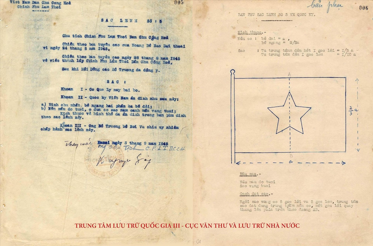 Sắc lệnh số 5-SL ngày 5/9/1945 của Chủ tịch Chính phủ Lâm thời về việc bãi bỏ cờ quẻ ly và ấn định Quốc kỳ Việt Nam và Phụ lục mẫu Quốc kỳ kèm theo Sắc lệnh. (Nguồn: Trung tâm Lưu trữ quốc gia III)