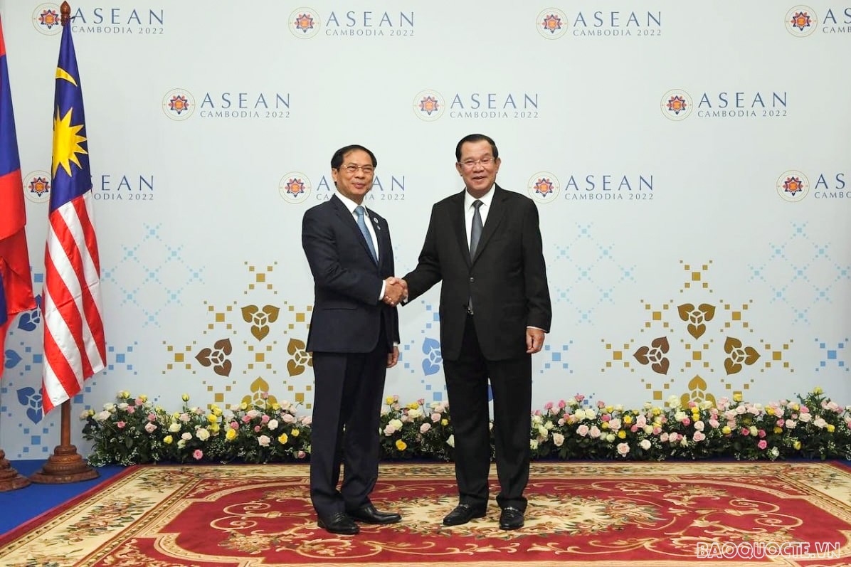 Bộ trưởng Ngoại giao Bùi Thanh Sơn chào xã giao Thủ tướng Campuchia Hun Sen. (Ảnh: Tuấn Anh)