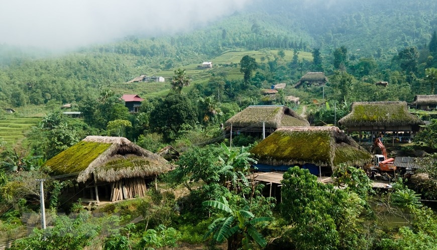 Những mái nhà lá cọ được rêu phủ quanh năm tại thôn Xà Phìn. (Ảnh: Nam Thái/TTXVN)
