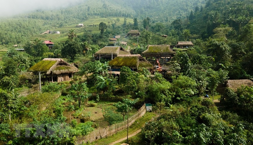 Nằm ở độ cao trên 1.000m so với mực nước biển, những mái nhà lá cọ được rêu phủ quanh năm tại thôn Xà Phìn. (Ảnh: Nam Thái/TTXVN)