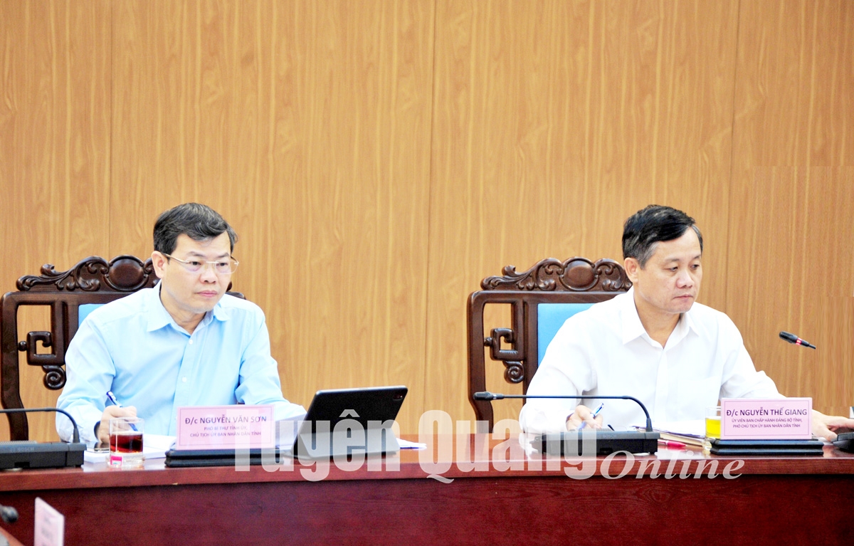 Chủ tịch UBND tỉnh Nguyễn Văn Sơn và Phó Chủ tịch UBND tỉnh Nguyến Thế Giang chủ trì Hội nghị. (Ảnh: Việt Hòa)