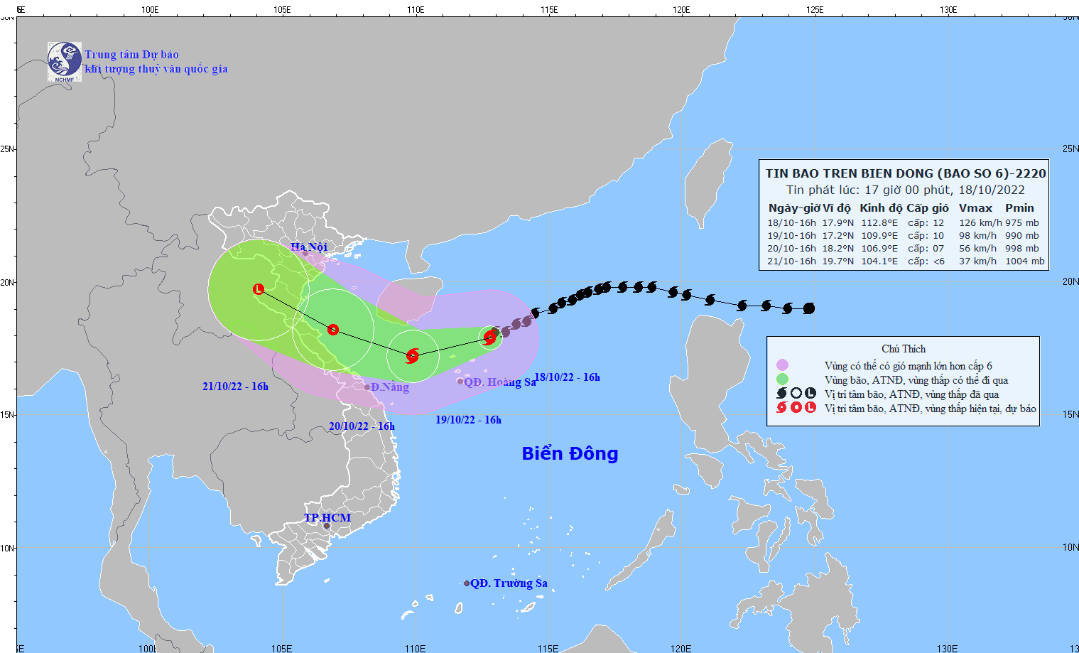 Vị trí và đường đi dự kiến của bão số 6. (Nguồn: nchmf.gov.vn)