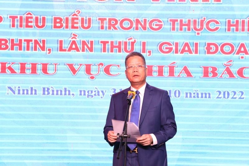 Phó Tổng giám đốc Bảo hiểm xã hội Việt Nam Trần Đình Liệu phát biểu tại buổi lễ