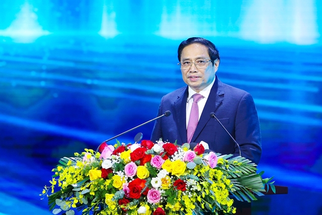 Thủ tướng Phạm Minh Chính phát biểu tại Lễ công bố sản phẩm đạt Thương hiệu quốc gia Việt Nam năm 2022. (Ảnh: VGP/Nhật Bắc)