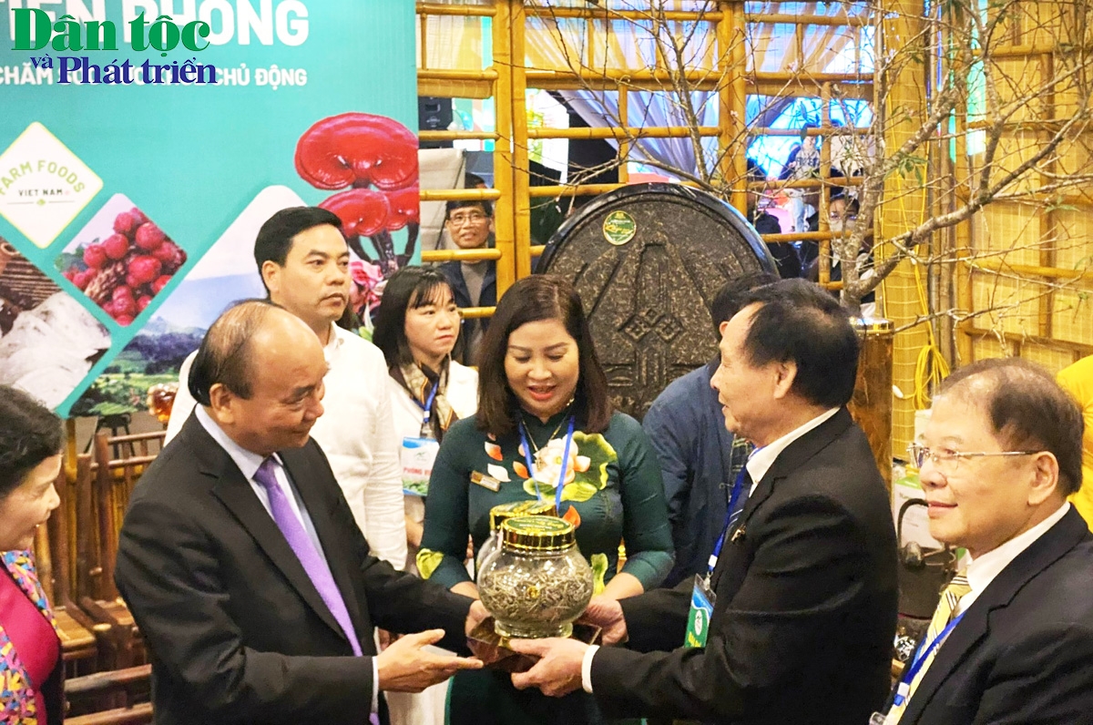 Chủ tịch nước Nguyễn Xuân Phúc cùng các đại biểu tham quan các sản phẩm Sâm Lai Châu tại Hội chợ