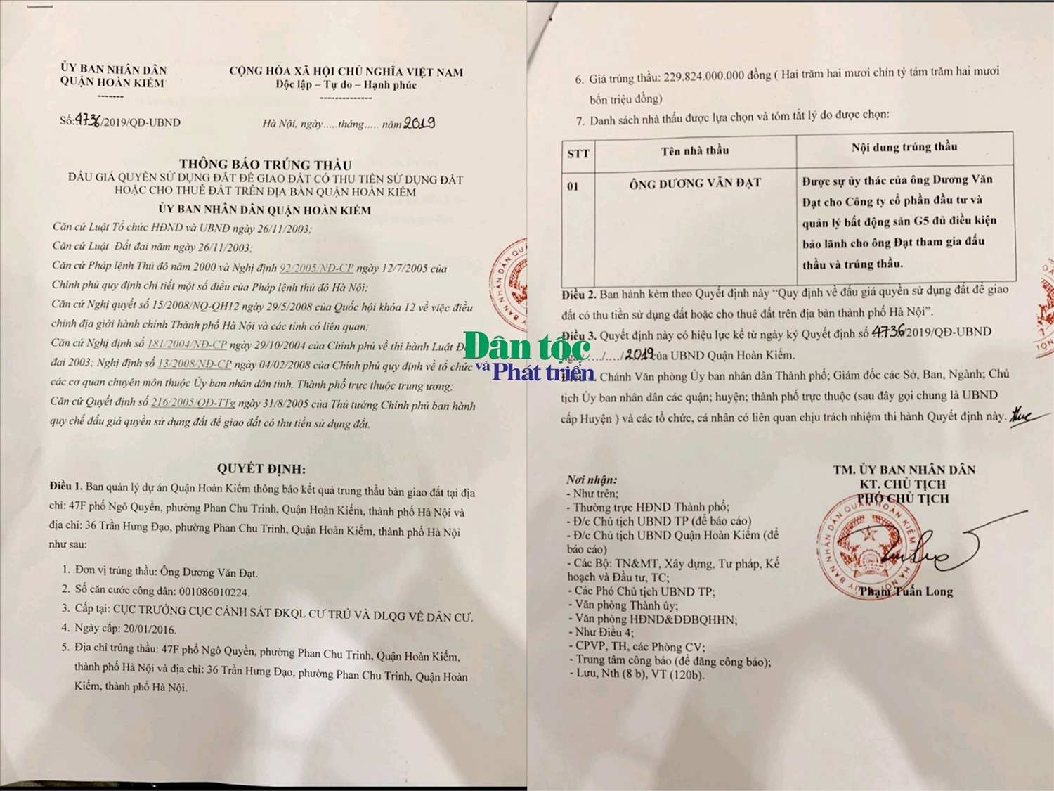 Thông báo trúng thầu số: 4736/2019/QĐ-UBND năm 2019, có ký tên là Phạm Tuấn Long - Phó chủ tịch UBND quận Hoàn Kiếm và đóng dấu UBND quận Hoàn Kiếm
