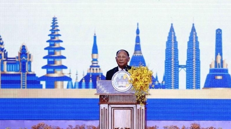 Chủ tịch Quốc hội Campuchia Heng Samrin, Chủ tịch AIPA-43 phát biểu khai mạc. (Ảnh: Doãn Tấn/TTXVN)