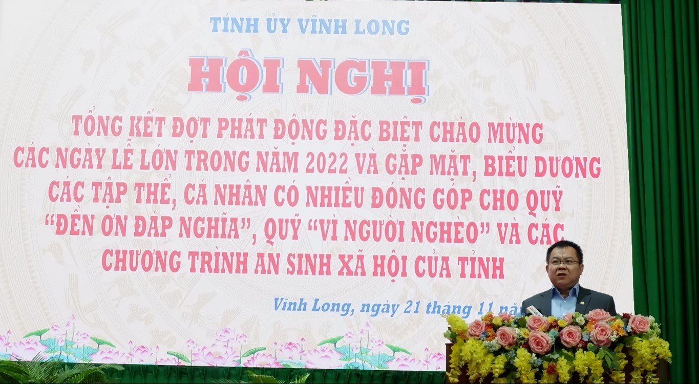 Ông Nguyễn Tâm Tiến - Tổng Giám đốc Trungnam Group phát biểu tại Hội nghị tổng kết các chương trình An sinh xã hội của tỉnh Vĩnh Long năm 2022