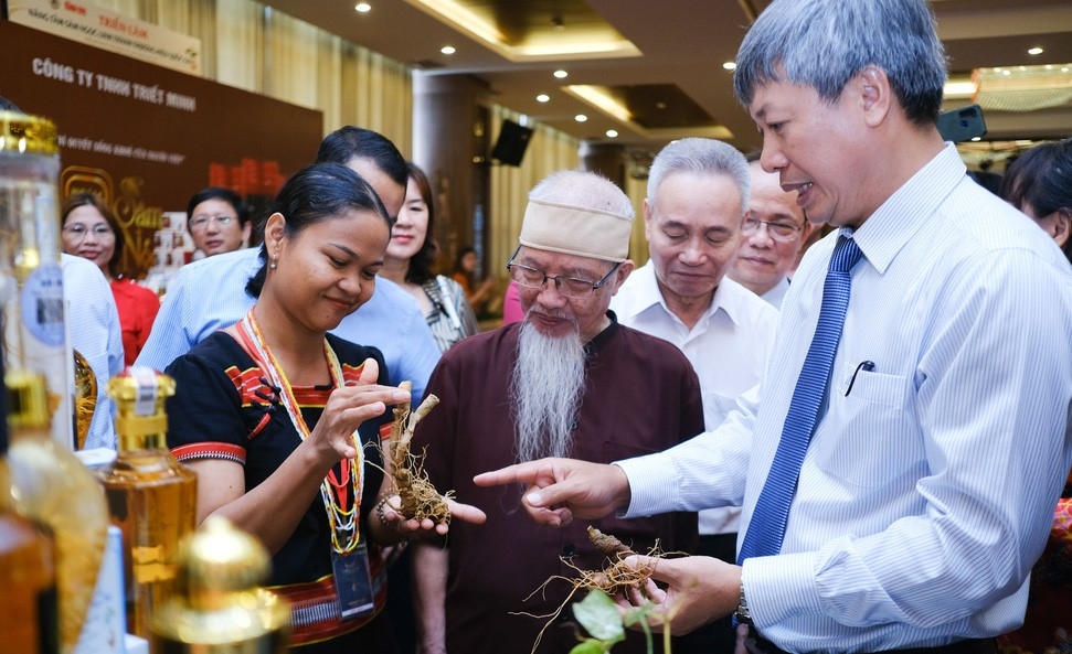 Cô gái dân tộc Xơ Đăng giới thiệu sản phẩm sâm Ngọc Linh (huyện Nam Trà My, tỉnh Quảng Nam) tại Triển lãm 