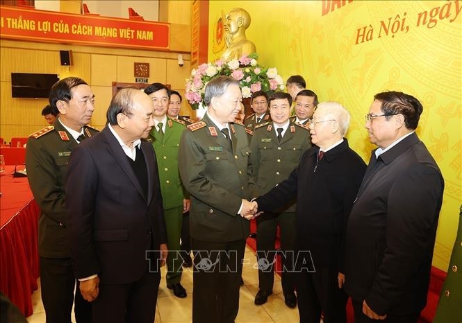 Tổng Bí thư Nguyễn Phú Trọng cùng các đồng chí lãnh đạo Đảng, Nhà nước dự hội nghị - Ảnh: TTXVN