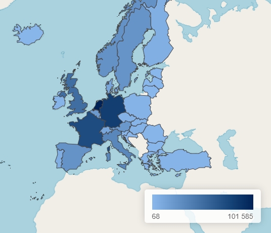 Bản đồ thể hiện phần lớn số lượng trụ sạc tại các nước châu Âu chỉ tập trung ở một số quốc gia lớn (nguồn: Trung tâm Nghiên cứu Năng lượng thay thế châu Âu - EAFO)
