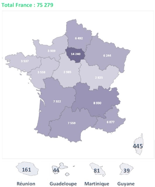 Tính đến hết tháng 10/2022, số lượng trụ sạc trên toàn nước Pháp đạt 75.279, còn cách khá xa mục tiêu Chính phủ đặt ra là 100.000 trụ sạc vào cuối năm nay. Hiện tại, số lượng trụ sạc ở Pháp chủ yếu tập trung ở vùng thủ đô Paris (nguồn: Avere-France)