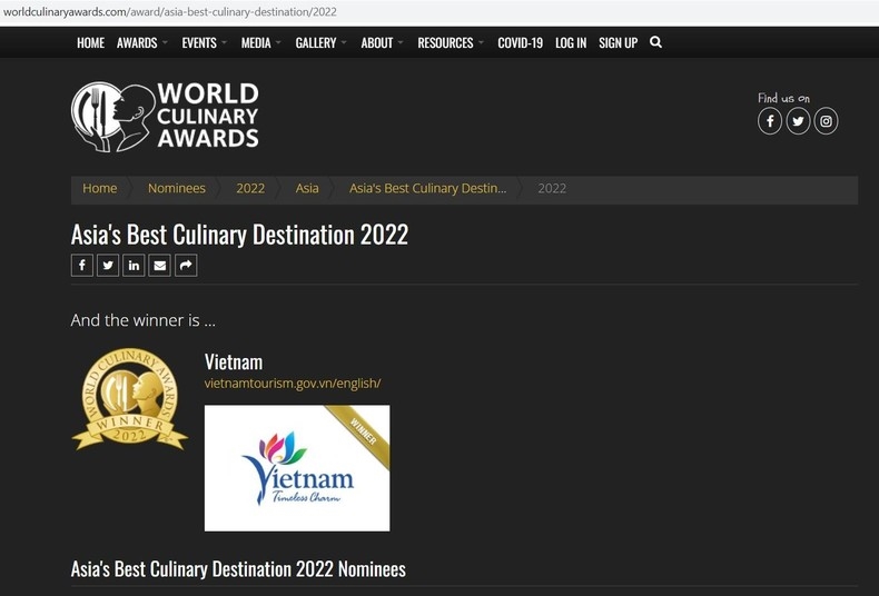 Việt Nam là "Điểm đến ẩm thực tốt nhất châu Á 2022” tại Lễ trao Giải thưởng Ẩm thực thế giới (World Culinary Awards) lần thứ 3.