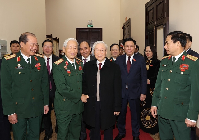 Tổng Bí thư Nguyễn Phú Trọng cùng các đồng chí lãnh đạo Đảng, Nhà nước đến dự Đại hội. Ảnh: Trí Dũng- TTXVN