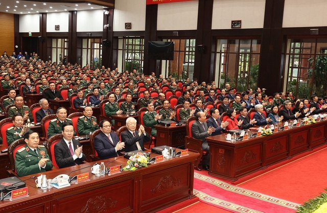 Tổng Bí thư Nguyễn Phú Trọng cùng các lãnh đạo Đảng, Nhà nước và các đại biểu dự đại hội. Ảnh: Trí Dũng- TTXVN