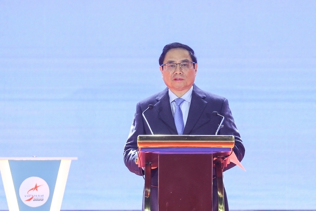 Thủ tướng Phạm Minh Chính có bài phát biểu tại Triển lãm Quốc phòng quốc tế Việt Nam 2022 - Ảnh: VGP/Nhật Bắc