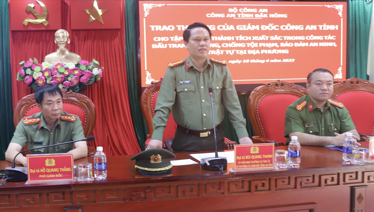 Đại tá Bùi Quang Thanh, Giám đốc Công an tỉnh Đắk Nông phát biểu chỉ đạo tại buổi lễ