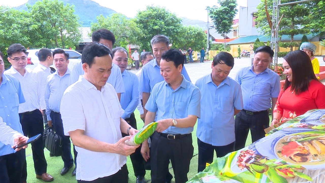 Phó Thủ tướng Trần Lưu Quang và các đại biểu thăm quan một số sản phẩm nông nghiệp của tỉnh Yên Bái