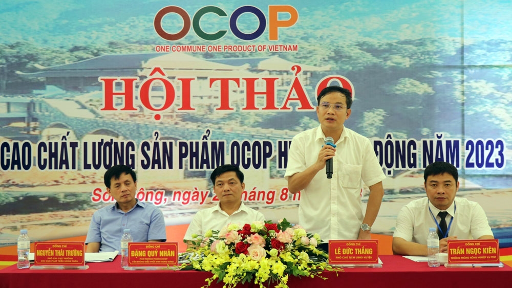 Phó Chủ tịch Thường trực UBND huyện Sơn Động Lê Đức Thắng trao đổi tại hội thảo