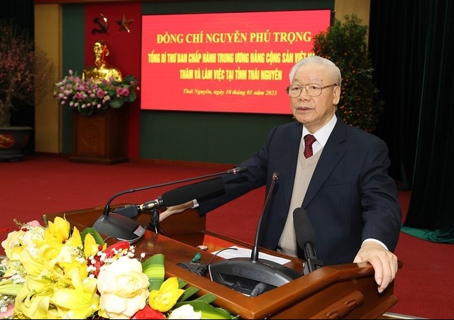 Tổng Bí thư Nguyễn Phú Trọng phát biểu tại buổi làm việc với Ban Thường vụ và lãnh đạo tỉnh Thái Nguyên