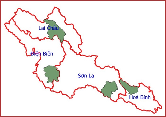 Bản đồ 4 tỉnh và 4 huyện được lựa chọn trong vùng Dự án
