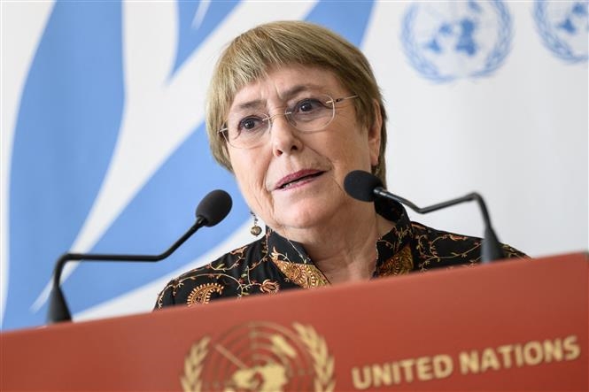 Bà Michelle Bachelet phát biểu tại Geneva, Thụy Sĩ, ngày 13/6/2022. Ảnh: AFP/TTXVN