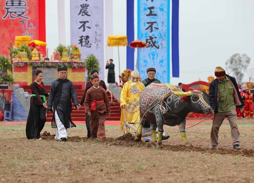 Thực hiện nghi thức với đường cày đầu Xuân tại Lễ khai hội Tịch điền Đọi Sơn năm 2023. (Ảnh: Thanh Tùng/TTXVN)