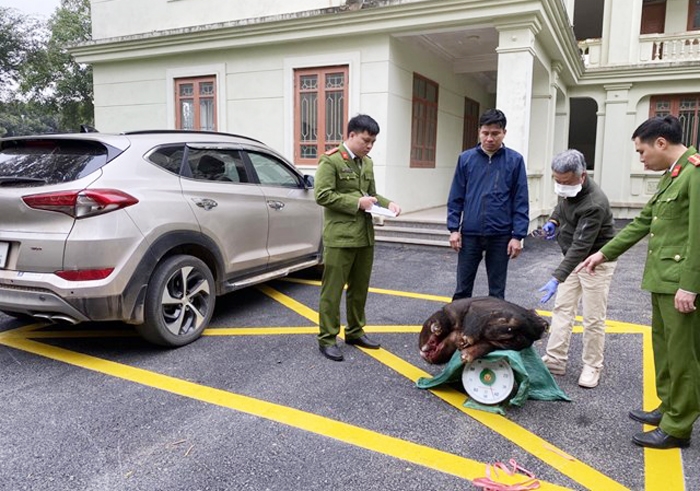 Bùi Văn Tuấn (áo xanh dương) bị bắt giữ trên đường mang bán động vật hoang dã
