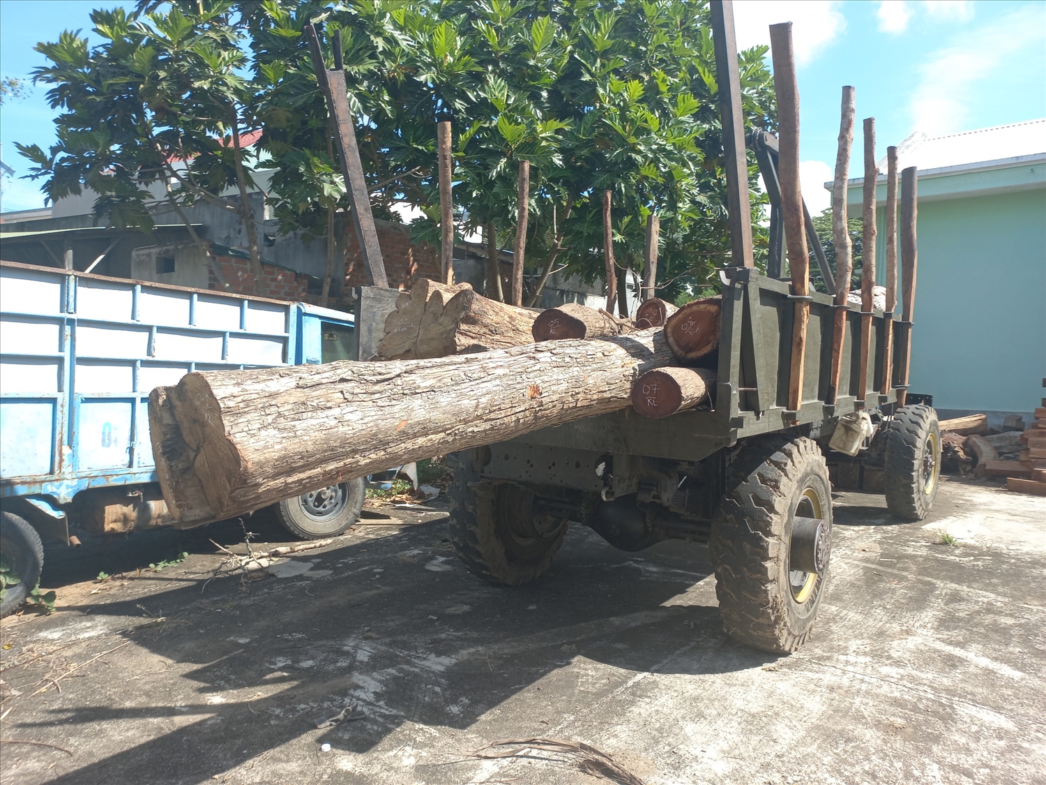 Lực lượng chức năng thu giữ tang vật, phương tiện của vụ phá rừng tại khoảnh 5, tiểu khu 780 (xã Chơ Glong, huyện Kông Chro) 