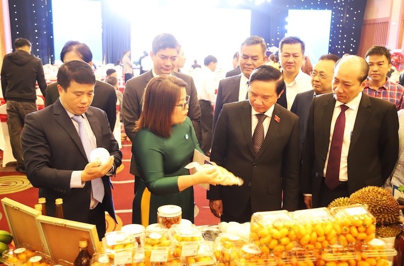 Phó Chủ tịch Quốc hội Nguyễn Khắc Định và các đại biểu dự hội nghị tham quan các gian hàng trưng bày các sản phẩm nông nghiệp, công nghiệp đặc trưng của 2 tỉnh Đắk Lắk và Khánh Hòa.