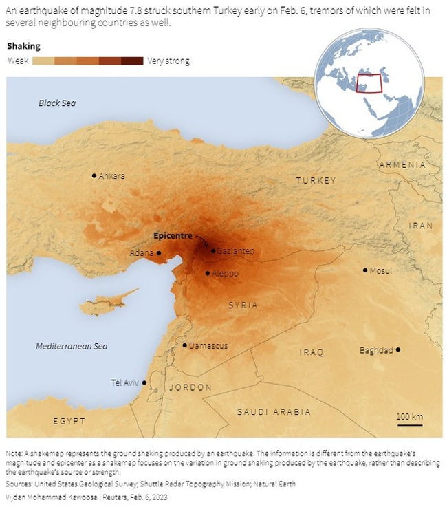 Tâm chấn động đất nằm ở vùng biên Thổ Nhĩ Kỳ, giáp Syria. Ảnh: Reuters