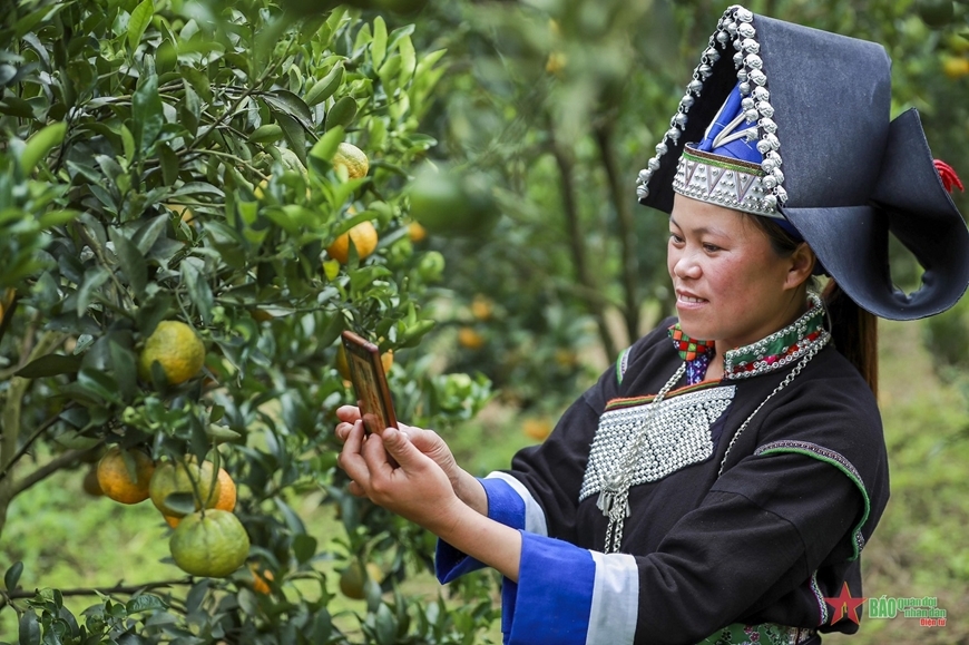 phụ nữ dân tộc Pa Dí, tỉnh Lào Cai sử dụng internet để bán nông sản. Ảnh: La Duy