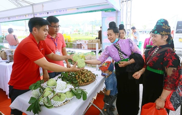 Khách tham quan gian hàng Festival trái cây và sản phẩm OCOP năm 2022 tại Quảng trường Tây Bắc, thành phố Sơn La, tỉnh Sơn La. Ảnh: Quang Quyết-TTXVN