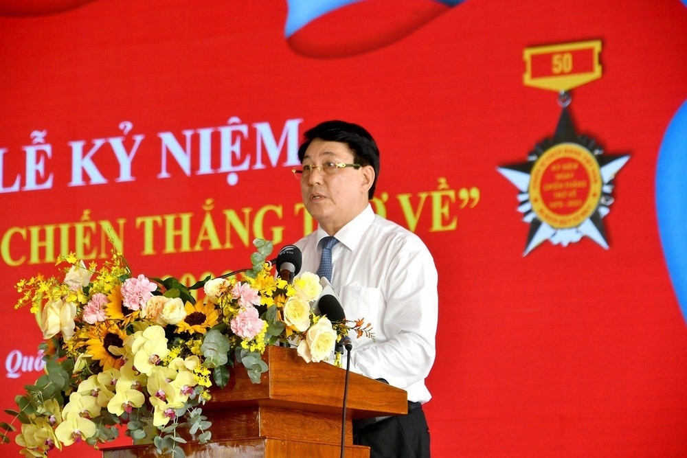 Đại tướng Lương Cường, Ủy viên Bộ Chính trị, Chủ nhiệm Tổng cục Chính trị Quân đội nhân dân Việt Nam phát biểu tại buổi lễ