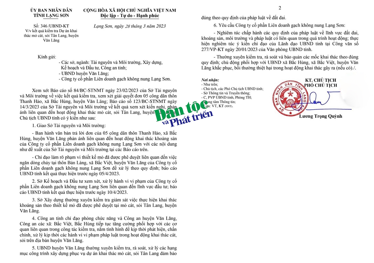 Công văn số 346/UBND-KT của UBND tỉnh Lạng Sơn về Kết quả kiểm tra Dự án khai thác mỏ cát, sỏi Tân Lạng, huyện Văn Lãng