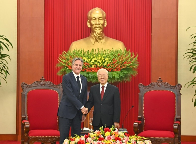 Tổng Bí thư Nguyễn Phú Trọng và Bộ trưởng Ngoại giao Hoa Kỳ Antony Blinken tại buổi tiếp.