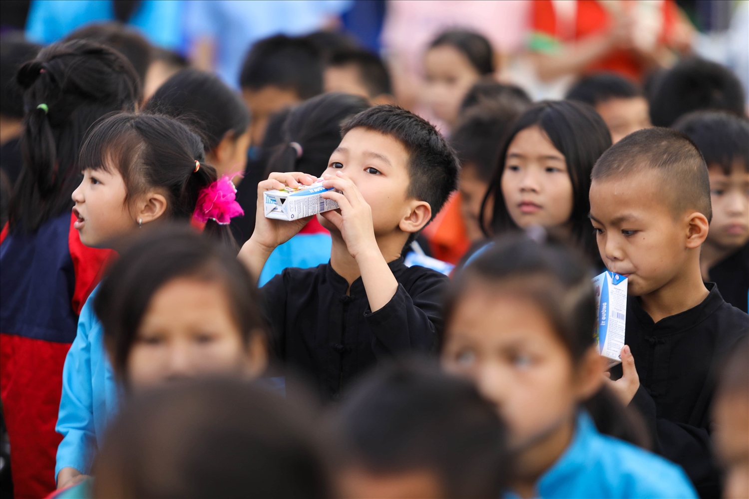 Các em học sinh trường tiểu học Húc Động thỏa thích thưởng thức những Hộp sữa thơm ngon tại sự kiện 