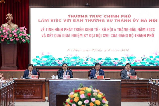 Thủ tướng Phạm Minh Chính chủ trì cuộc làm việc của Thường trực Chính phủ với Ban Thường vụ Thành ủy Hà Nội - Ảnh: VGP/Nhật Bắc