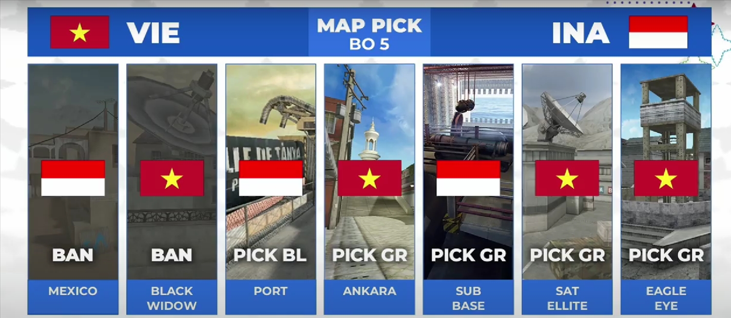 Phần cấm và chọn Map thi đấu của hai đội tuyển Việt Nam - Indonesia. (Nguồn: Cross Fire Việt Nam)