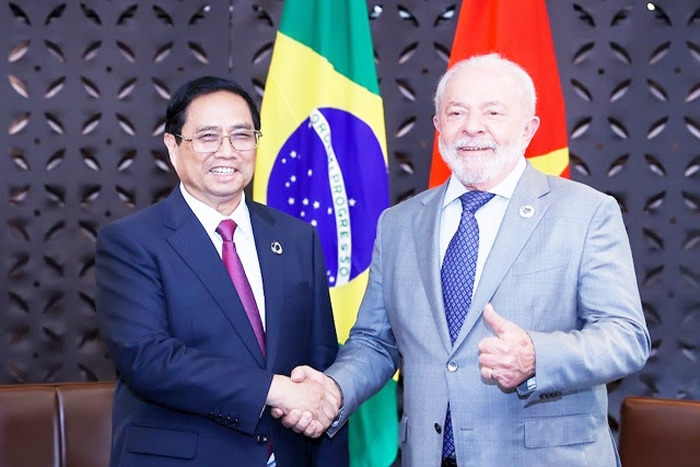 Thủ tướng Chính phủ Phạm Minh Chính và Tổng thống Brazil Lula Da Silva vui mừng nhận thấy những bước tiến tốt đẹp của quan hệ song phương thời gian qua - Ảnh: VGP/Nhật Bắc