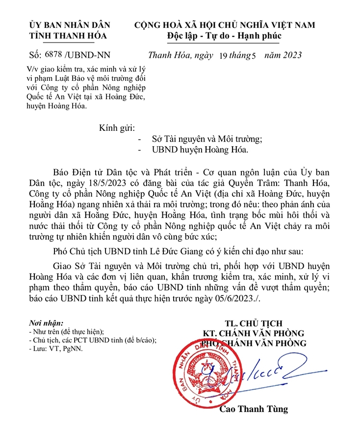 Công văn chỉ đạo của UBND tỉnh Thanh Hóa